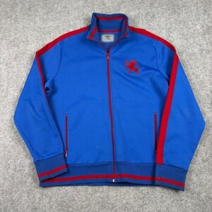 Express Track Jacket Mens Large Blue Red Lion Logo Full Zip Mock Neck Striped